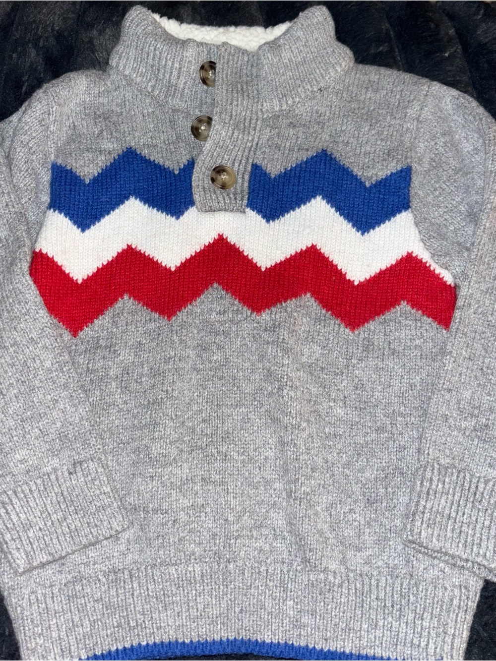 GAP Grey Zip-Neck Sweater with Red, White & Blue Chevron